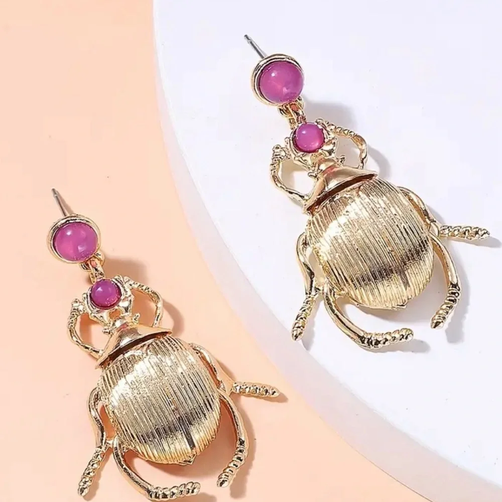 2/$30🌵 Egyptian Scarab Beetle Earrings Insect Gold Pink Art Nouveau Bug NEW